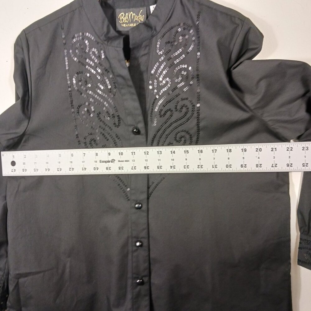 Bob Mackie NWT, Size Med., Black Button Down Shirt W/Sequins, Mandarin Collar - Picture 9 of 14
